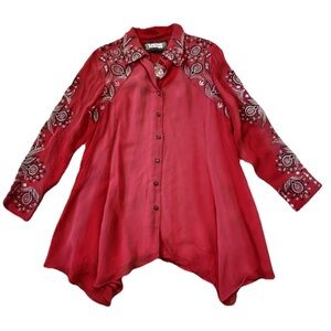 Vintage Collection Red Semi Sheer Embroidered Beaded Button Down Long Sleeve Med